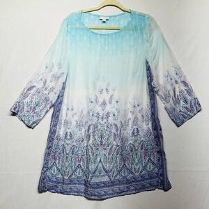 J. Jill Blue Floral Paisley Sheer Lightweight Tunic 3/4 Sleeves Lyocell Womens L